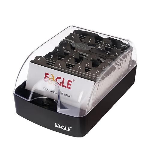 Eagle Business Card Box, Push-Button,Storage up to 350 Cards | Clear push-button cover, 20 A-Z index guides, adjustable card support, fits standard 2 x 3.5 in business cards, black