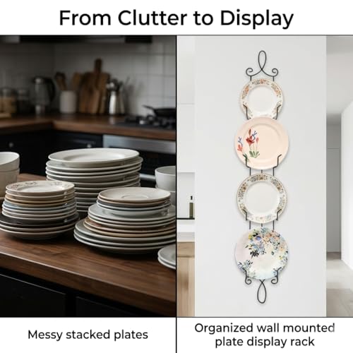 HOHIYA 42" Wall Plate Display Rack 2 Pack 4 Tier Metal Holder Black | Wall-mounted display rack organizes collectible plates artwork and frame while saving space with elegant vertical storage