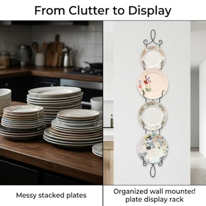 HOHIYA 42" Wall Plate Display Rack 2 Pack 4 Tier Metal Holder Black | Wall-mounted display rack organizes collectible plates artwork and frame while saving space with elegant vertical storage