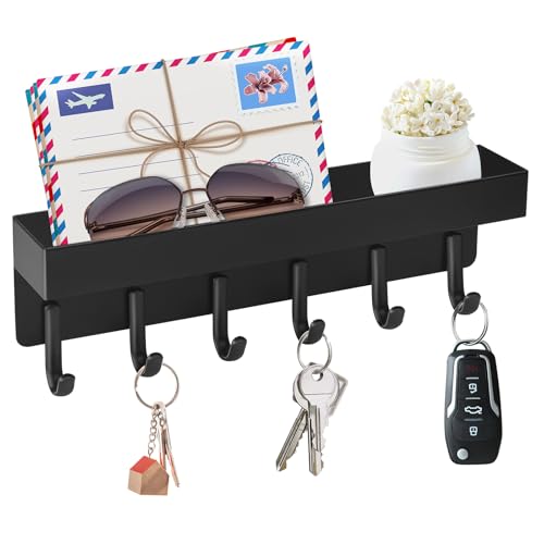 VIS'V Key Holder Wall Mount, Magnetic Key Rack with Tray, 6 Hooks, Black | 2 Mount Options, Metal Material, Compact Discreet Design, for Fridge, Kitchen, Entryway, Hallway, Doorway, Garage, Camper