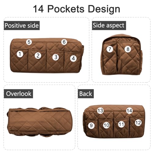 Remote Control Holder for Armchair, Armchair Caddy TV Remote Holder for Recline 14 Pockets, Non-Slip Remote Caddy Couch Caddy Organizer for TV Remote, Phone, Magazine (Brown)