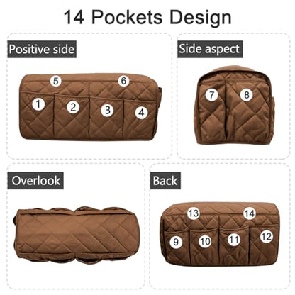 Remote Control Holder for Armchair, Armchair Caddy TV Remote Holder for Recline 14 Pockets, Non-Slip Remote Caddy Couch Caddy Organizer for TV Remote, Phone, Magazine (Brown)