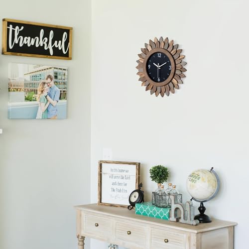 Wall Clock Battery Operated 12 in Rustic Wood Boho Sunburst Decorative Wall Clock Silent Non Ticking Farmhouse Small Wall Clocks for Living Room Kitchen Bathroom Bedroom Decor (Tricolor)