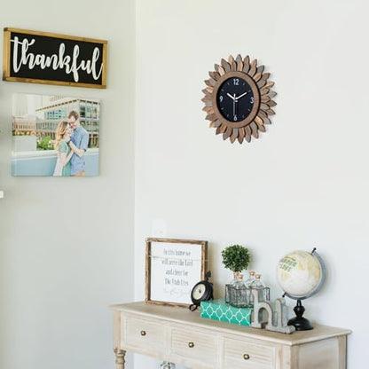 Wall Clock Battery Operated 12 in Rustic Wood Boho Sunburst Decorative Wall Clock Silent Non Ticking Farmhouse Small Wall Clocks for Living Room Kitchen Bathroom Bedroom Decor (Tricolor)