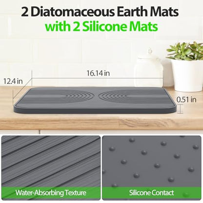 2 PCS Stone Dish Drying Mat ＆ Silicone Mat for Kitchen Counter – Diatomaceous Earth Bath Mat for Bathroom, 16.14"L×12.4"W×2 Quick Dry Mats for Dishes ,Bottles, Cups, Match Any Countertop(Gray)