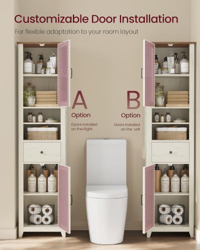 VASAGLE LIRY Collection -Tall Bathroom Cabinet, Farmhouse Freestanding Storage Cupboard with Drawer and Doors, Narrow Space Saver, 15.7 x 12.4 x 67.3 inch, Rustic White and Honey Brown, UBBK760W101S
