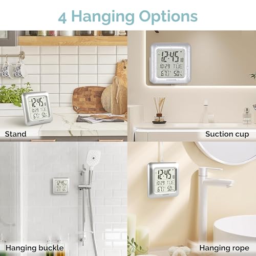 KADAMS Bathroom Clock 9.5" Kitchen Wall Clock with Large LCD Screen – Shower Clock with Suction Cup,Temperature, Humidity, Calendar – Water-Resistant, 4 Mounting Options, Silver