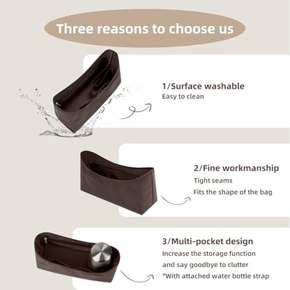 Lightweight Bag Insert for Brooklyn 34, Side Zipper, Chocolate | Bottle Holder and Side Zip, Smooth Satin Interior, Easy-Care Outer Surface, Multiple Color Options, Structured Yet Flexible