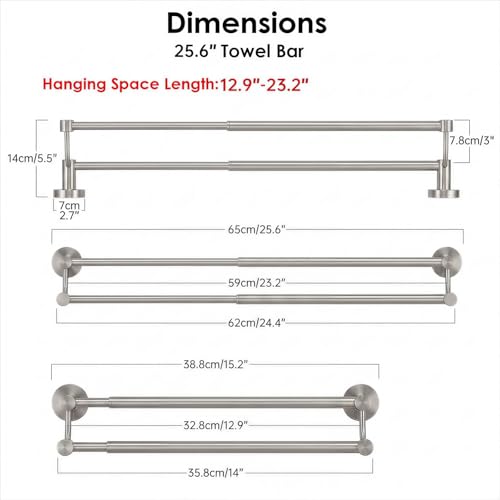 Double Towel Bar Towel Rack for Bathroom Wall Mounted Brushed Nickel | Adjustable 16-26 In,Wall Mounted Towel Holder, Stainless Steel, Rustproof, Towel Bar Rod Hanger Hardware Accessories Hotel