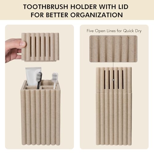 Home Stone Toothbrush Holder with Lid, Elegant Beige Bathroom Toothbrush & Toothpaste Organizer Modern Hidden Closed Toothbrush Holders for Bathrooms (Beige)