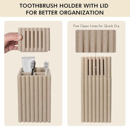 Home Stone Toothbrush Holder with Lid, Elegant Beige Bathroom Toothbrush & Toothpaste Organizer Modern Hidden Closed Toothbrush Holders for Bathrooms (Beige)