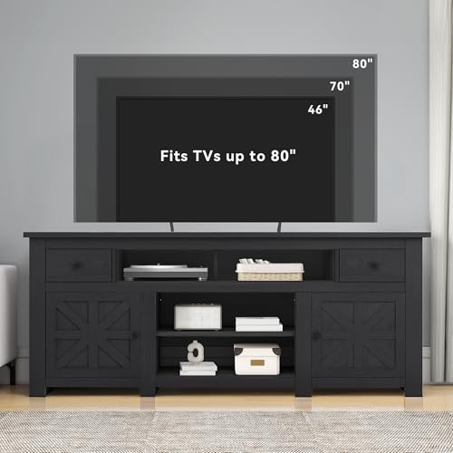 DWVO Farmhouse TV Stand with Power Outlet for 75"/80" TVs, Black | Entertainment Centers Furniture, TV Consoles with Storage Drawers, Rustic TV Stands for Living Room