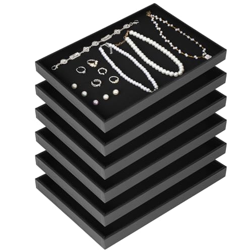 Rainmae 6 Pcs Velvet Stackable Jewelry Tray Showcase Display, Black | Jewelry Organizer Trays for Drawers and Countertop, Empty Plates for Necklace, Ring, Bracelet, and Earring Storage Display