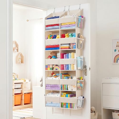 Over the Door Organizer 5 Tiers,Extra Large Behind Door Storage of 10 Compartments,80 lbs Weight Capacity Over the Door Storage, Door Hanging Organizer for Closet, Diaper Organizer, Beige