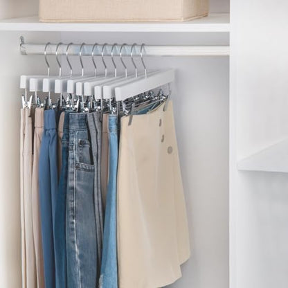 Nature Smile Deluxe Wooden Pants Hangers, White, Pack of 28 | Solid Wood Bottom, Jeans Hanger, Skirt Hanger, 2-Adjustable Clips