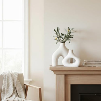 Carrot's Den Ceramic Modern Vase Set of 2, Donut Shelf Decor, Warm White | Matte pair for bookshelf and bookcase decor, mantel styling, or home staging. Holds dried stems and faux plants indoor.