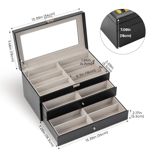 ProCase 3-Layer Sunglasses Storage Organizer -Black | 18-Slot Leather Sunglass Box Case, Holds Eyeglasses, Sunglasses & Eyewear, Great Valentine's Gift for Men & Women