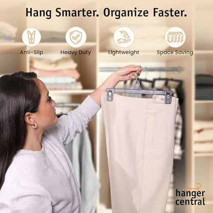 12 inch 30 Pack Pants Hangers Slim Plastic Clothes Hangers with Clips for Skirts, Shorts & Trousers – Non Slip Grip, Heavy Duty Space Saver with Swivel Hook – Black Closet Organizer