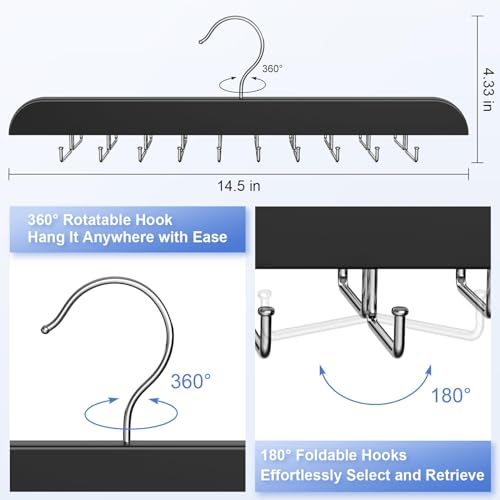 Upgraded Tie Rack Hanger with 20 Foldable Metal Hooks, Space Saving Necktie Organizer for Men – Large Capacity Tie and Belt Wooden Hanger for Closet - Black 2 Pack