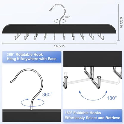 Upgraded Tie Rack Hanger with 20 Foldable Metal Hooks, Space Saving Necktie Organizer for Men – Large Capacity Tie and Belt Wooden Hanger for Closet - Black 2 Pack