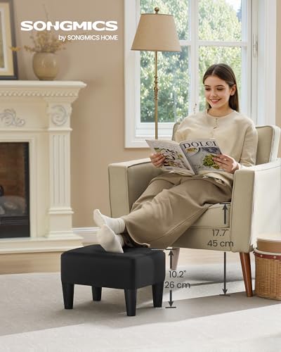 SONGMICS Foot Stool with Legs, Small Footstool Ottoman, Linen-Look Fabric Seat with Thick Cushion, for Living Room, Bedroom, Entryway, 330 lb Weight Capacity, Ink Black ULOM502B01