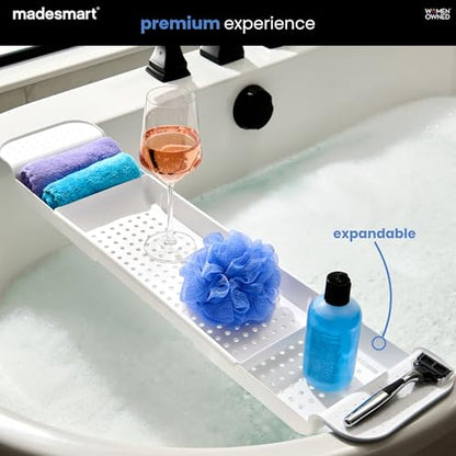 madesmart Expandable Bath Tray, White | adjustable tub fit, drainage holes, soft grip sides, soap razors toys, bathtub caddy, woman owned