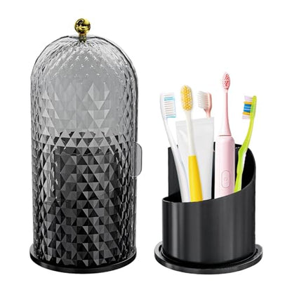 Multifunctional Rotating Toothbrush Holders with Sliding Lid, The 3-Slot Bathroom Countertop Vanity Organizer Perfect for Tooth Brush, Toothpaste, and Makeup Brushes Holder Storage (Black)