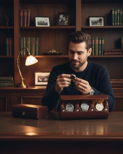 MR.OKAY 3 Watch Travel Case- Classic Leather Watch Case With Perfect Texture.Portable Watch Roll Or Organizer For Storage And Display. Luxury Gifts For Men, All Handmade by Artisans.