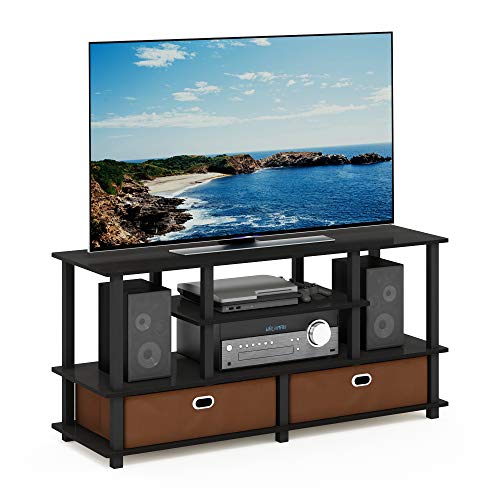 Furinno Jaya Toolless Assembly TV Stand for TV up to 55 Inch, 4-Tier Entertainment Center, TV Console with 2 Storage Bins, for Living Room, Bedroom, Home Office, Black Espresso