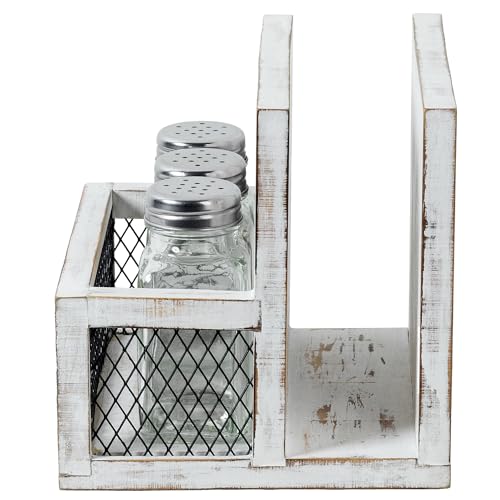 FARM IN Napkin Holder, Farmhouse Multifunctional Napkin Holder with Salt and Pepper Shakers Holder for Home and Commercial Use, Rustic Solid White Washed Wood & Diamond Metal Wire Mesh