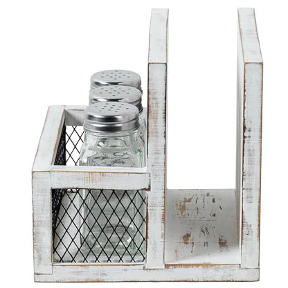 FARM IN Napkin Holder, Farmhouse Multifunctional Napkin Holder with Salt and Pepper Shakers Holder for Home and Commercial Use, Rustic Solid White Washed Wood & Diamond Metal Wire Mesh