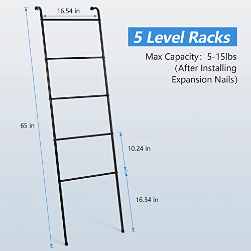 2 Pack Blanket Ladder Wall Leaning Metal Towel Ladder for Bathroom | 5 Tier Free Standing Towel Rack Black Blanket Holder for Living Room Laundry Room Home Decor