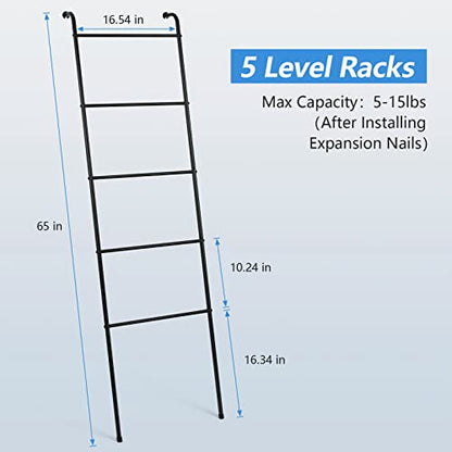 2 Pack Blanket Ladder Wall Leaning Metal Towel Ladder for Bathroom | 5 Tier Free Standing Towel Rack Black Blanket Holder for Living Room Laundry Room Home Decor