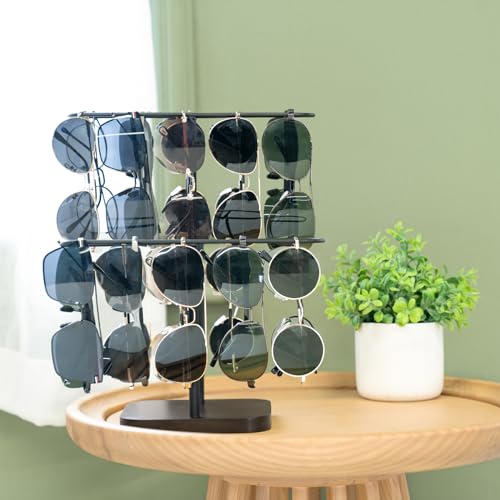 Mkono Sunglass Holder, Metal 2 Tier Glasses Rack Organizer Stand Storage | Space-Saving, Display 24 Eyewear Pairs, Sturdy Build, Wood Base, All Eyewear Types, Table, Desk, Countertop, Dresser, Bedroom