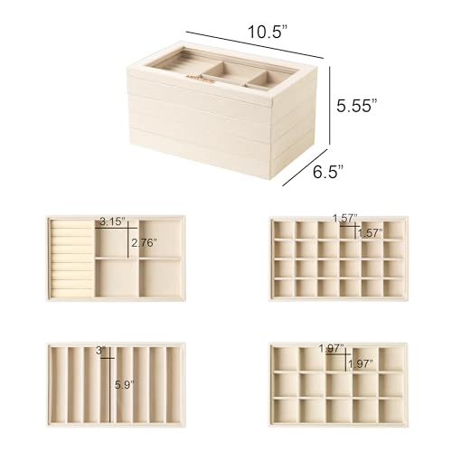Stackable Jewelry Trays,Set of 4 Jewelry Organizer for Drawer | Glass Lid,Removable Dividers,Real Stackable Design,Velvet Material,Drawer Inserts,Jewelry Box for Earring Rings and Necklace