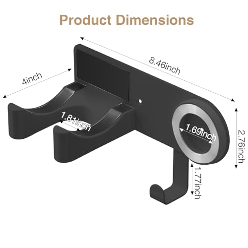 Wall-Mounted Hair Dryer Holder, Adhesive Blow Dryer Craddle | Hairdryer Cable Storage Organizer, Hair Tool Holder for Vanity, Screw Mount/Adhesive, Aluminum Alloy & ABS, Black