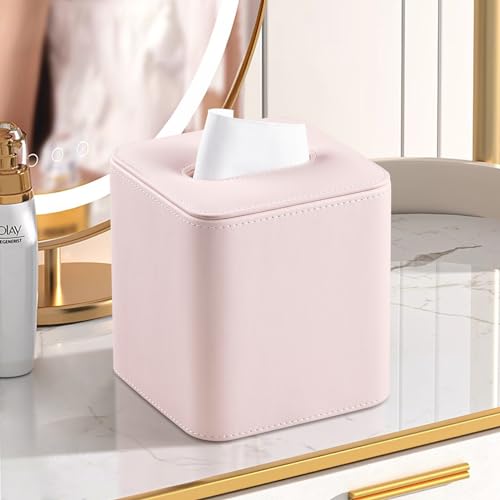 PU Leather Tissue Box Cover Square Tissue Box Holder, Pink | Magnetic Closure, Rounded Edges, Fits All Standard Cube Tissue Boxes, Decorative Tissue Holder for Living Room Bedroom Office
