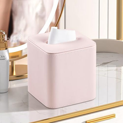 PU Leather Tissue Box Cover Square Tissue Box Holder, Pink | Magnetic Closure, Rounded Edges, Fits All Standard Cube Tissue Boxes, Decorative Tissue Holder for Living Room Bedroom Office