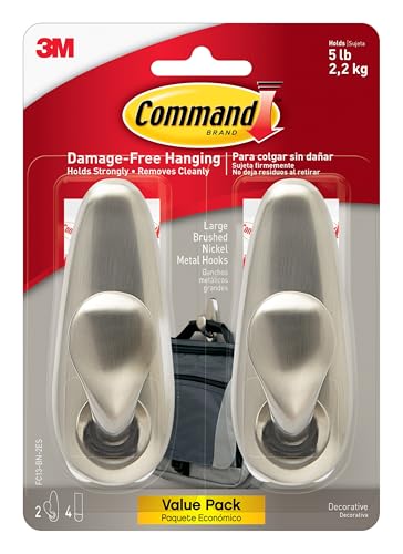 Command 5 lb Large Brushed Nickel Metal Hooks, 2 Coat Hooks and 4 Strips, Damage-Free Hanging with Adhesive, Great for Hanging Back to School Dorm Organizers
