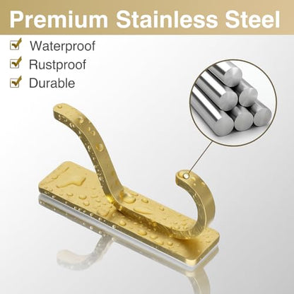 Adhesive Wall Hooks for Towel/Coat,13Lb Strong Stick-On Hooks, Gold 4 Pack | Hooks for Walls No Damage, Hooks Hanging Heavy Duty, Peel and Stick Hooks for Closet, Door, Bathroom, for Purse, Bag, Cloth