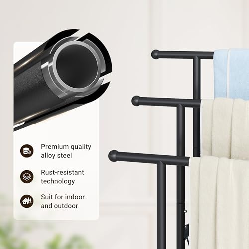 3 Tier Freestanding Towel Rack with Shelf, 40" H Towel Stand, Black | Metal Drying Rack for Oversized Bath Towels & Blankets, 4 Hooks, Indoor & Outdoor Use, Fits Bathroom, Tub, Shower, Poolside