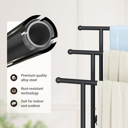 3 Tier Freestanding Towel Rack with Shelf, 40" H Towel Stand, Black | Metal Drying Rack for Oversized Bath Towels & Blankets, 4 Hooks, Indoor & Outdoor Use, Fits Bathroom, Tub, Shower, Poolside