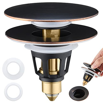 Universal 3-in-1 Bathroom Sink Stopper - Pop Up Sink Drain Stopper, Push Button Sink Drain Stopper Replacement, Wash Basin Drain Filter Plug with Anti-Clogging Strainer, Oil Rubbed Bronze