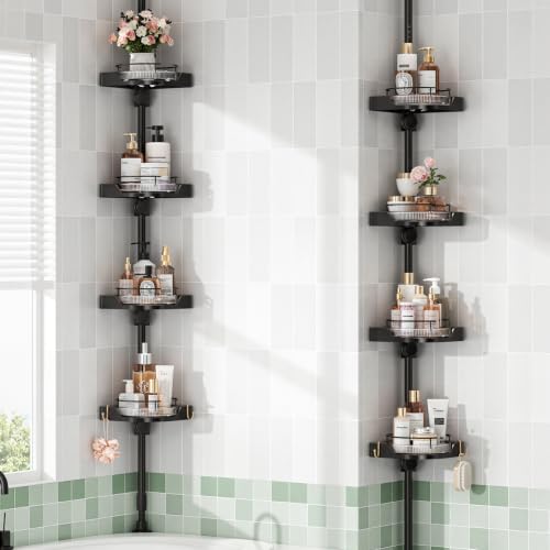 360° Rotating Corner Shower Caddy Tension Pole Organizer (Black) | 4-Tier rotating shelves with hooks, adjustable tray height, upgraded rustproof metal pole, removable trays for shower storage