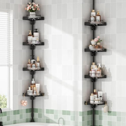 360° Rotating Corner Shower Caddy Tension Pole Organizer (Black) | 4-Tier rotating shelves with hooks, adjustable tray height, upgraded rustproof metal pole, removable trays for shower storage