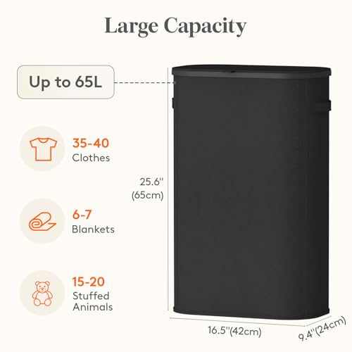 Lifewit Slim Laundry Basket with Lid, Narrow Large Laundry Hamper with Plastic Handles and Removable Bag, Tall Foldable Dirty Clothes Hampers for Laundry Room, Bedroom, Bathroom, Dorm, 65L Black