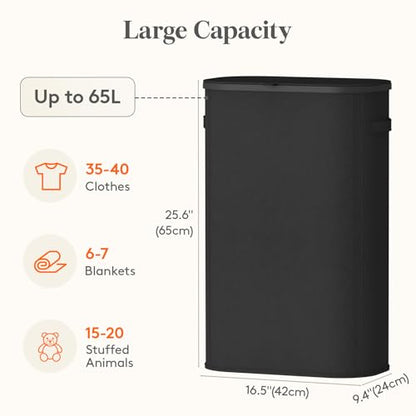 Lifewit Slim Laundry Basket with Lid, Narrow Large Laundry Hamper with Plastic Handles and Removable Bag, Tall Foldable Dirty Clothes Hampers for Laundry Room, Bedroom, Bathroom, Dorm, 65L Black