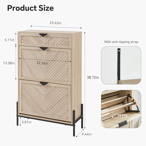 Shoe Cabinet with 2 Flip Drawers, Narrow Entryway Rack, Oak | Slanted Wood Grain, Freestanding, Adjustable Compartments, Removable Middle Shelf, Metal Handles, for Hallway Foyer Entrance