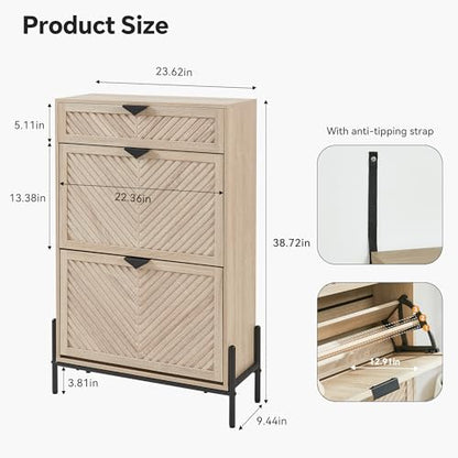 Shoe Cabinet with 2 Flip Drawers, Narrow Entryway Rack, Oak | Slanted Wood Grain, Freestanding, Adjustable Compartments, Removable Middle Shelf, Metal Handles, for Hallway Foyer Entrance