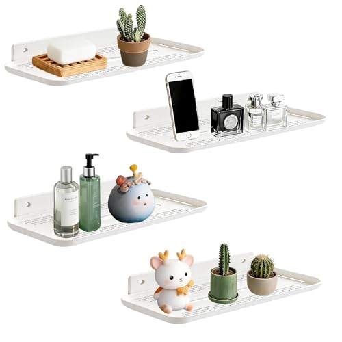 FAYYGYH Adhesive Floating Shelves, No Drill Floating Shelf for Wall Storage | Damage-Free Wall Mounted Organizer for Bathroom, Kitchen, Bedroom & Office (White, 4 PCS)